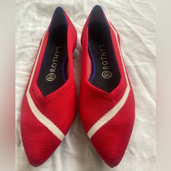 Rothy's Shoes - Rothy's Red Pointed Knit Flats with White Stripe